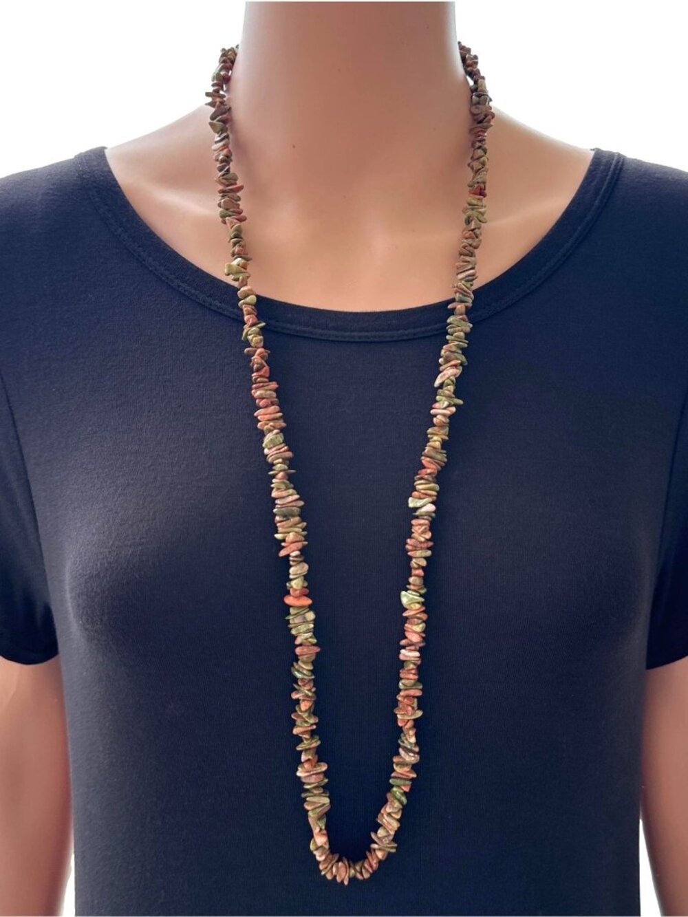 Unakite Necklace Long Strand Pink Green Natural Stone 34 Inch Length